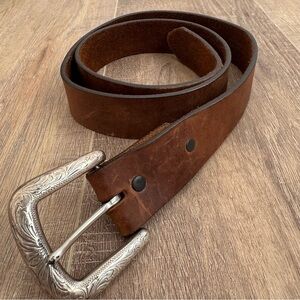 Tony Lama Rich Brown Belt with Intricate Silver Buckle **no belt loop